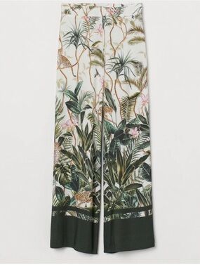H&M Cream Tropical Print Wide-Leg Pants with Green Border Size 4